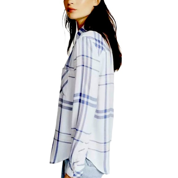 Rails x Anthropologie Hunter Plaid Indigo Powder Blush XS Blue Pink Buttondown - Picture 6 of 11